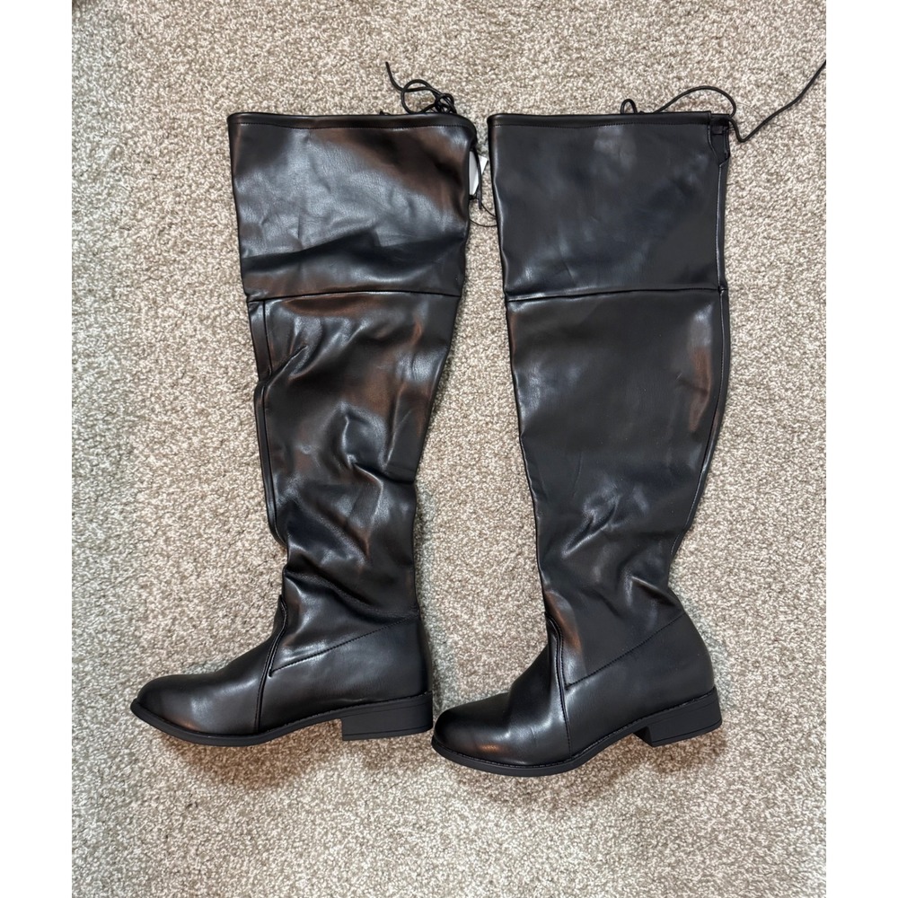 Rue21 Dakota-20LPU Black Faux Leather Over The Knee Tie Back Boots Womens 9